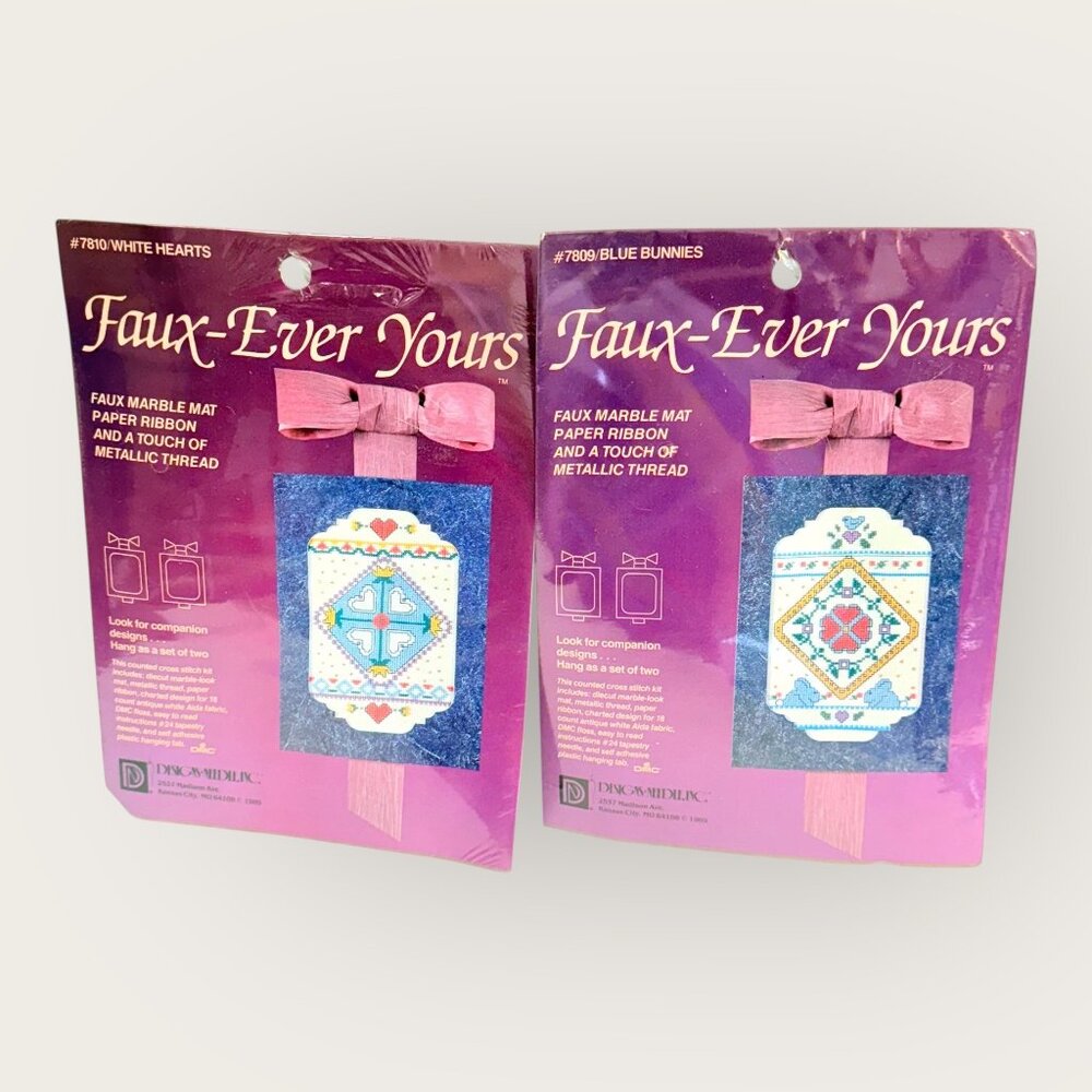 Faux-Ever Yours Cross Stitch Kit Lot Blue Bunnies 7809 White Hearts 7810